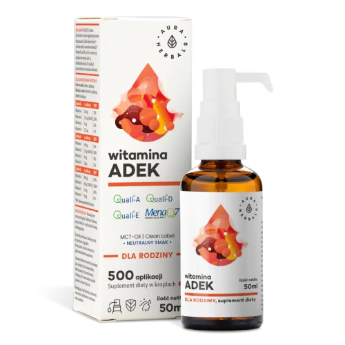 Witaminy ADEK (A + D3 + E + K2mk7 ) dla rodziny MCT oil - 50 ml - Aura