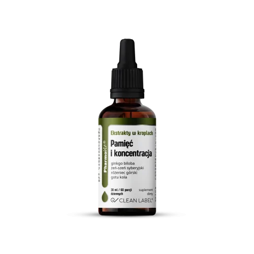 Pamięć i koncentracja - ekstrakty w kroplach - (ginkgo biloba, żeń-szeń syberyjski, różeniec górski, gotu kola) 30 ml - PharmoVit