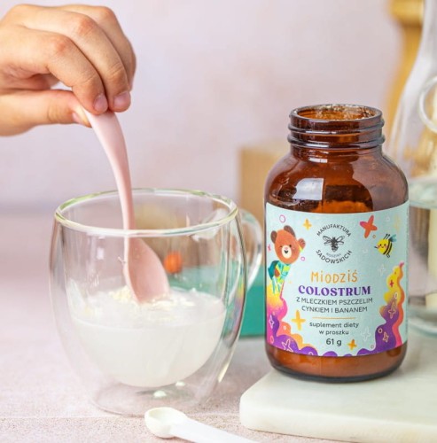 Colostrum z mleczkiem pszczelim, cynkiem i bananem Miodziś - proszek 61 g Manufaktura Rodziny Sadowskich
