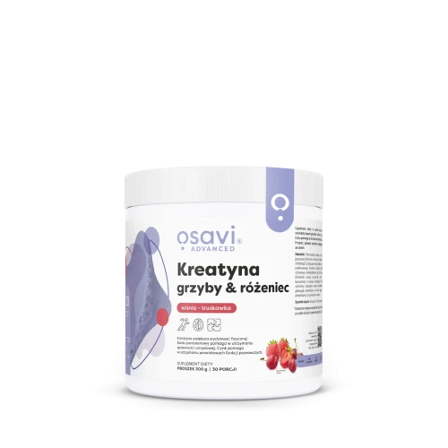 Kreatyna, grzyby & różeniec, smak wiśnia z truskawką proszek 300 g - Osavi