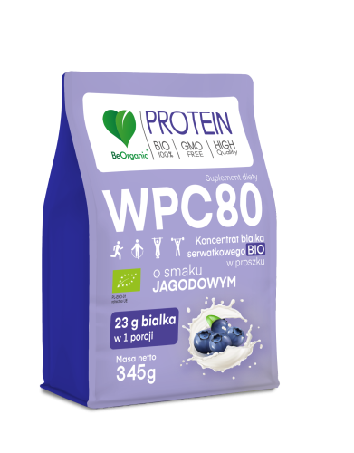 WPC 80 Koncentrat białka serwatkowego BIO w proszku Jagoda 345 g - BeOrganic